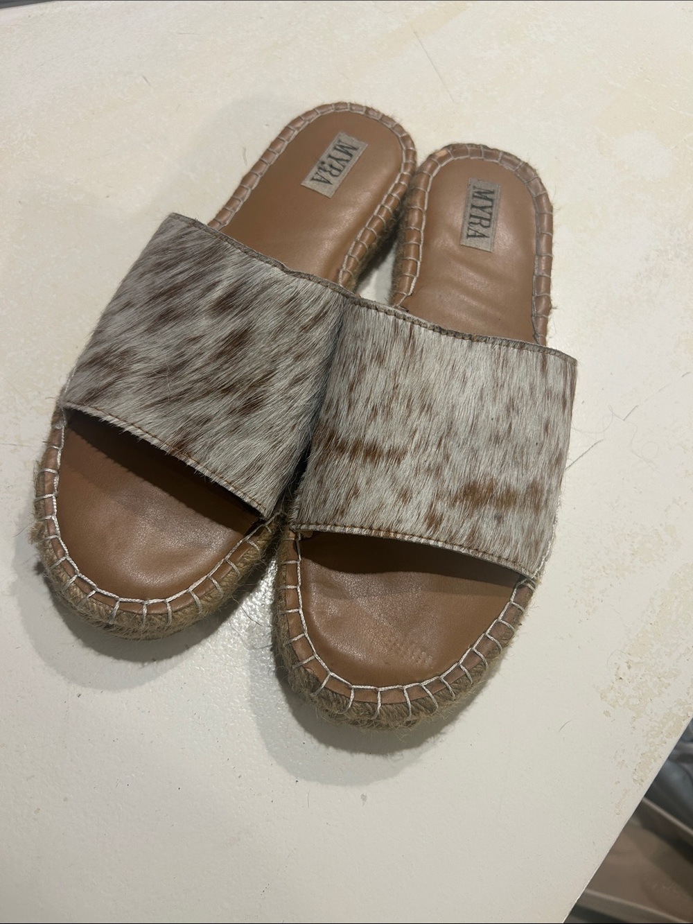 Myra Brown and White Cow Slide Sandals